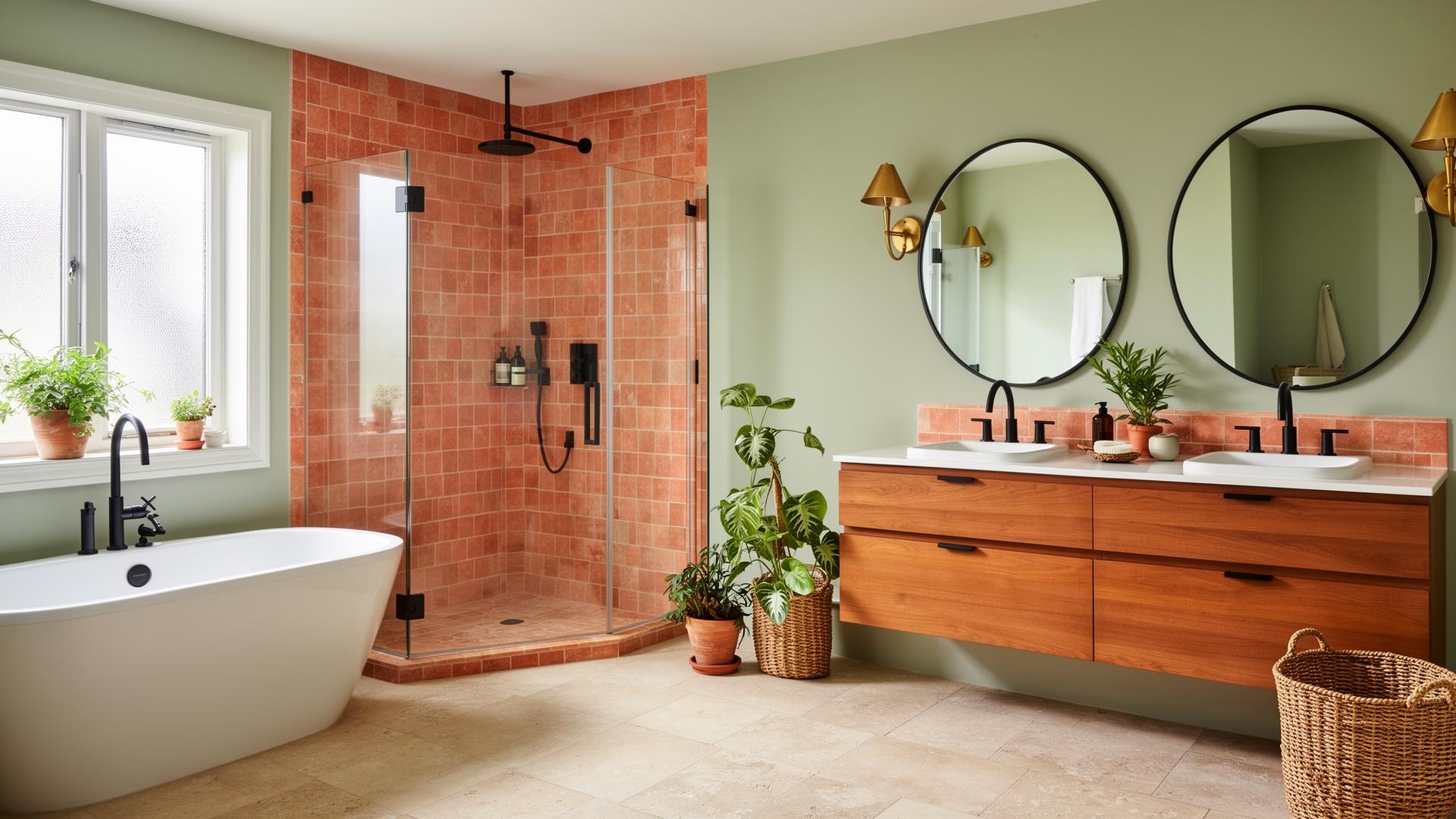 Spacious bathroom with a walk-in glass shower and freestanding soaking tub