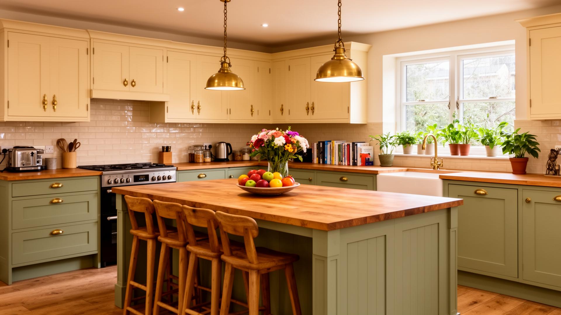 Bright residential kitchen with a large central island and bar stools