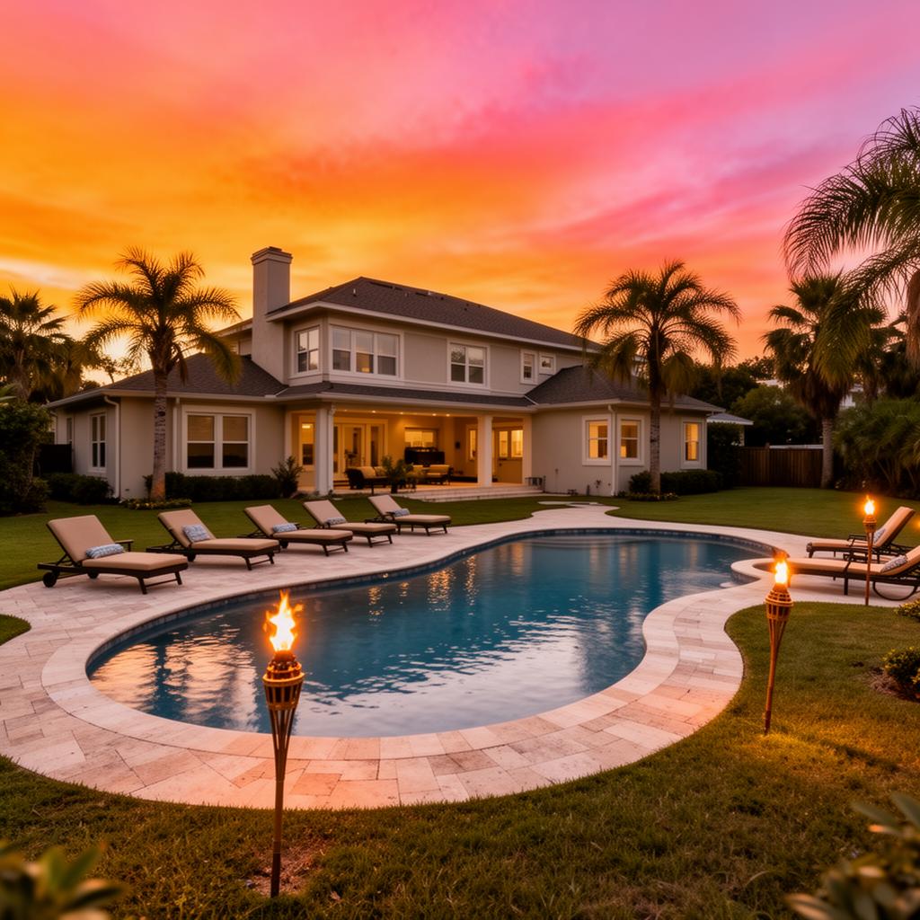 Standalone residential home at sunset with a curved swimming pool, tiki torches, and lounge chairs