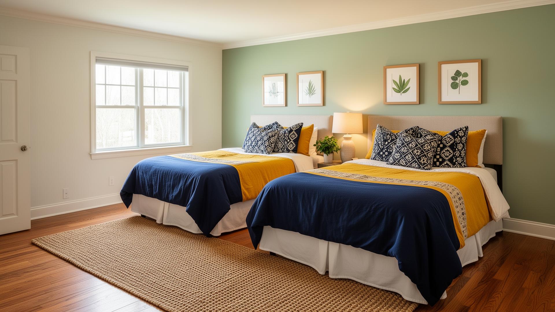 Cozy guest bedroom with two twin beds and warm wood floors